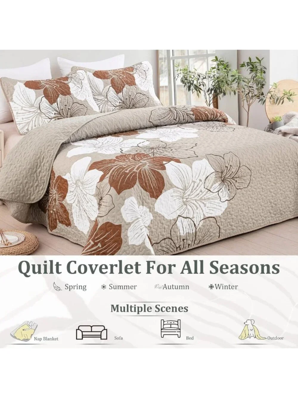 Cozy Taupe Floral King Size Quilt Set - 3 Piece Bedspread Coverlet for Fall